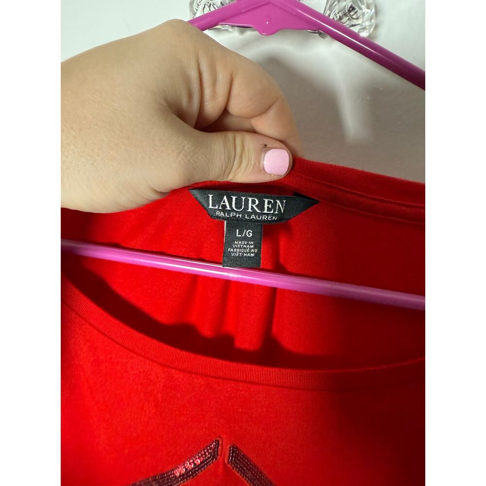 Lauren Ralph Sequined Art Deco Cotton Blend T-Shirt Lipstick Red Women's Large - Picture 5 of 9